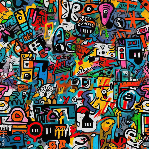Funky doodles seamless repeat pattern - colorful graffiti abstract art [Generative AI] © Roman