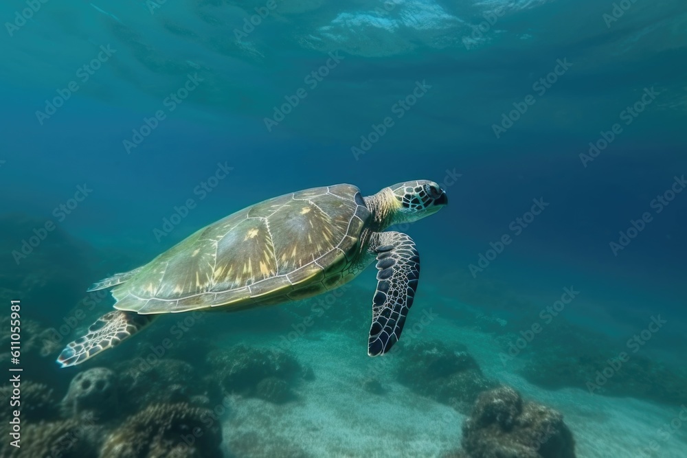 sea turtle swimming underwater, with its graceful movement and flippers in full view, created with generative ai sea turtle swimming underwater, with its graceful movement and flippers in full view, created with generative ai