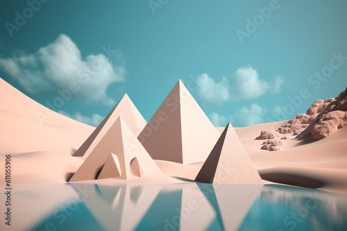 Surreal various and colorful minimalistic geometric shapes and landscape mix background with copy space. Generative AI © Rytis