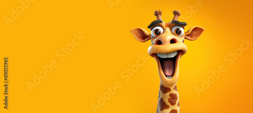 Cute Cartoon Surprised Giraffe on a Yellow Background with Space for Copy. Generative AI