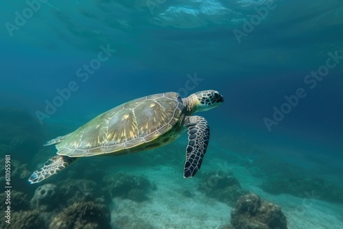 sea turtle swimming underwater, with its graceful movement and flippers in full view, created with generative ai