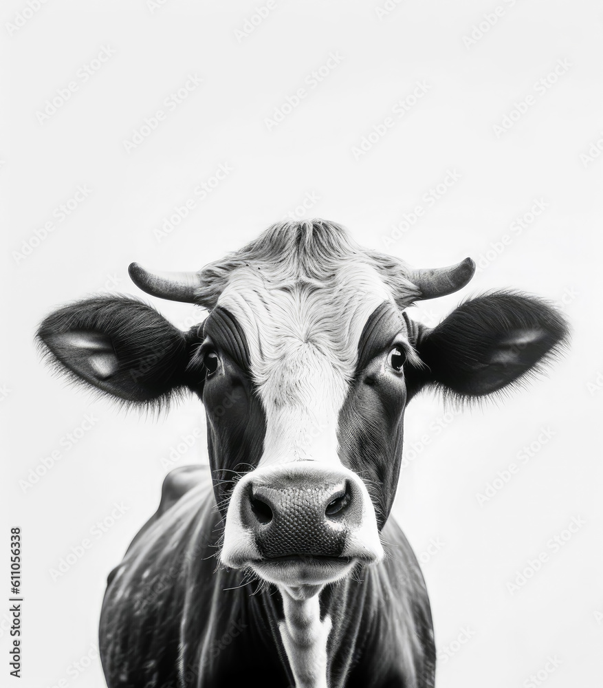Naklejka premium Cow with black and white fur, looking at the camera, cow on white background, cattle minimalism. Generative Ai.