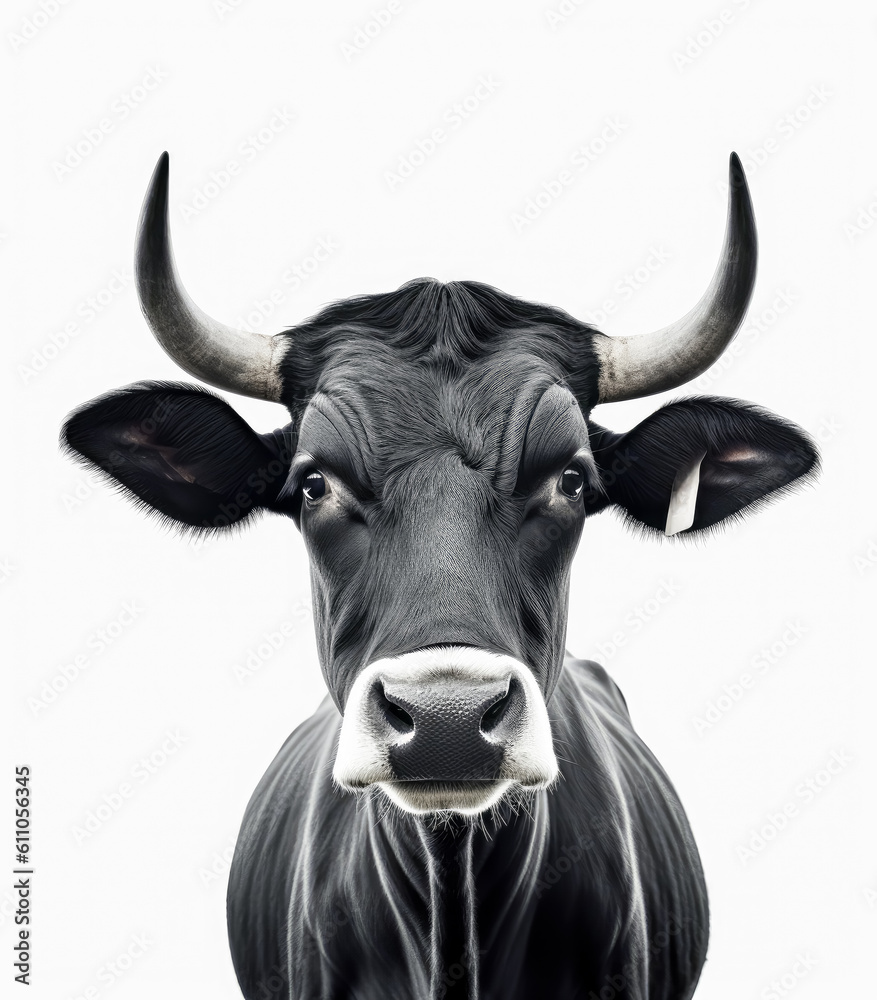 Naklejka premium Cow with black and white fur, looking at the camera, cow on white background, cattle minimalism. Generative Ai.