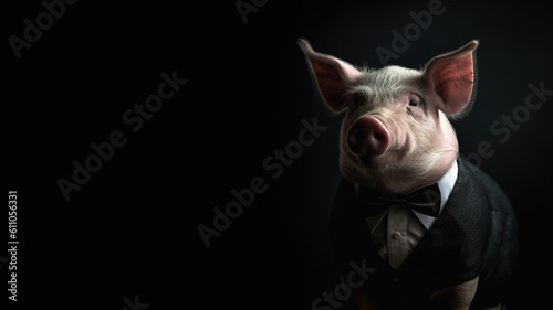 pig in black wearing human clothes, pig in suit, pig isolated, Generative AI