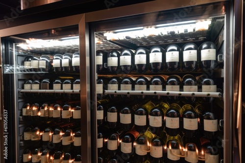 temperature-controlled holding cabinet filled with bottles of wine, created with generative ai