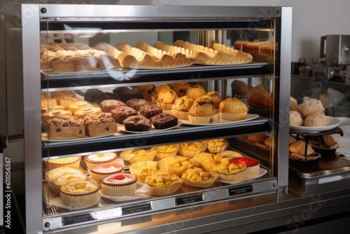 temperature-controlled holding cabinet with variety of pastries and sweets, ready for serving, created with generative ai