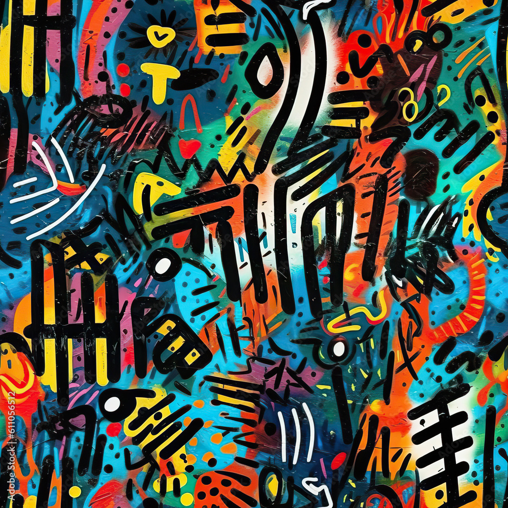 Fototapeta premium Funky doodles seamless repeat pattern - colorful abstract art [Generative AI] 