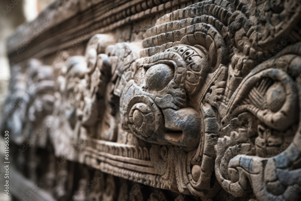 close-up of ancient stone carving, with intricate details visible, created with generative ai