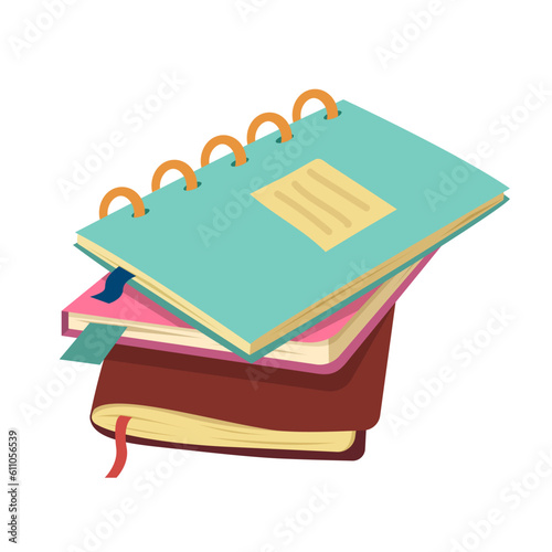 Vector isolated illustration of a stack of notebooks on a white background. School and office supplies, school design, sticker design, web elements. Suitable for posters, banners.