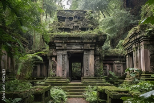 ancient temple, with intricate carvings and stone statues, surrounded by jungle greenery, created with generative ai
