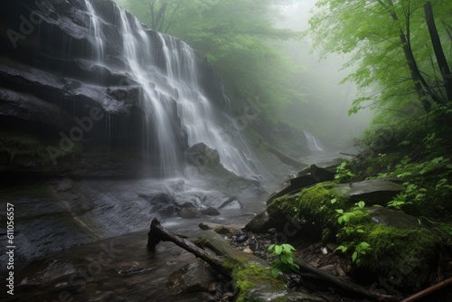 close-up of cascading spring waterfalls, with droplets and mist visible, created with generative ai