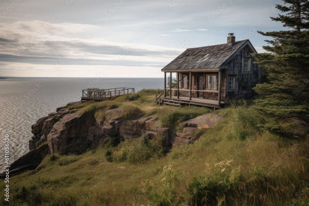 rustic cabin perched on the edge of a cliff, with sweeping views of pristine coastline, created with generative ai