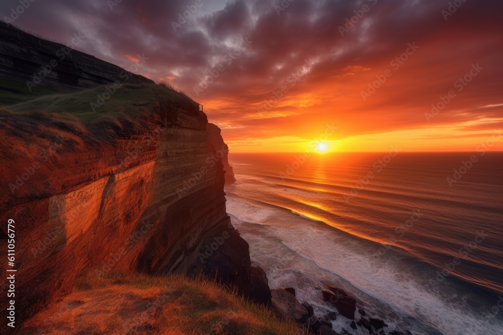 coastal cliff with view of the sun setting over the ocean, creating a fiery sky, created with generative ai