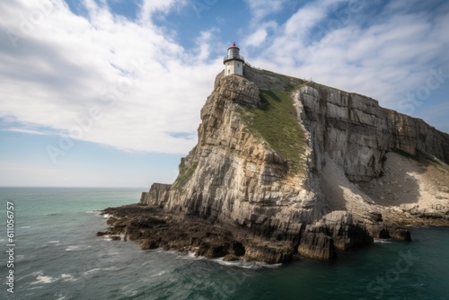 coastal cliff with lighthouse, providing a beacon of safety for ships at sea, created with generative ai