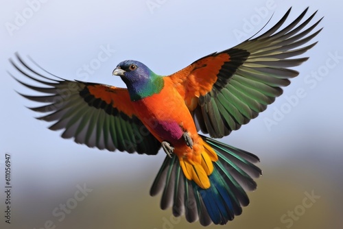 colorful bird in flight, its wingspan visible against the sky, created with generative ai