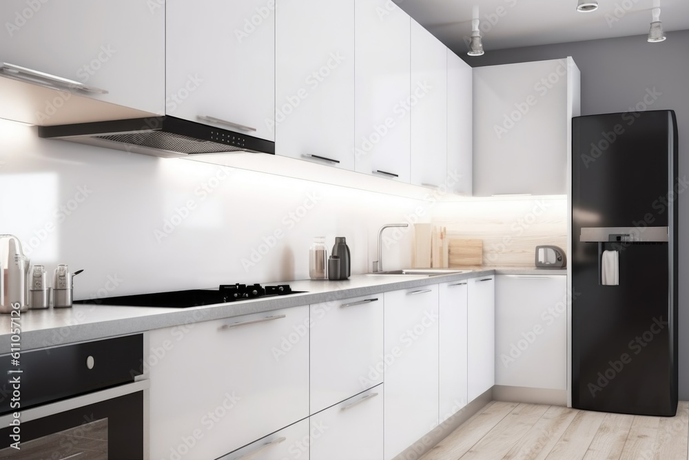row of energy-efficient appliances in modern kitchen, with sleek and minimalist design, created with generative ai row of energy-efficient appliances in modern kitchen, with sleek and minimalist design, created with generative ai
