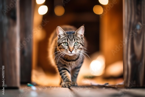 Conceptual portrait photography of a smiling tabby cat skulking against a rustic wooden floor. With generative AI technology