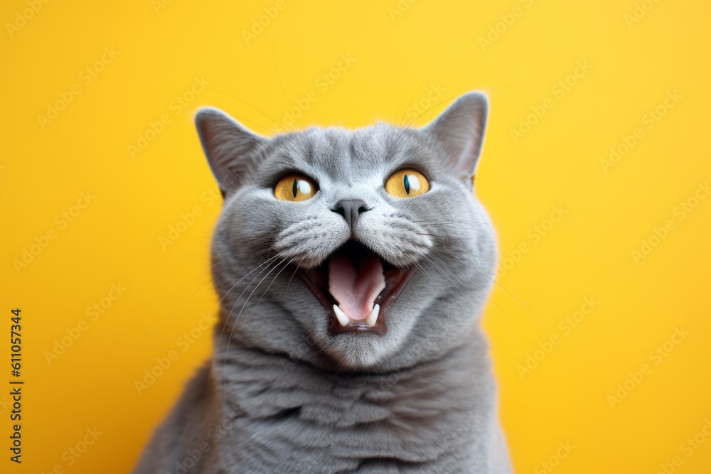 Studio portrait photography of a smiling british shorthair cat meowing against a vibrant colored wall. With generative AI technology