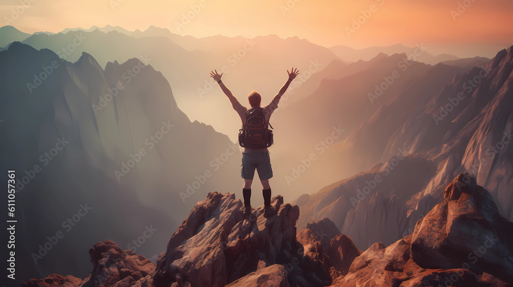 Obraz premium Mountaineer victory pose. Generative AI