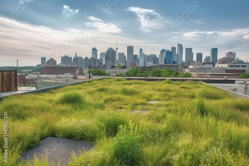 green rooftops with view of the city skyline, showcasing urban landscape, created with generative ai © altitudevisual