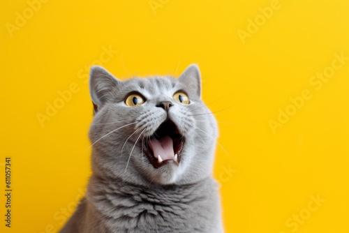 Studio portrait photography of a smiling british shorthair cat meowing against a vibrant colored wall. With generative AI technology © Markus Schröder