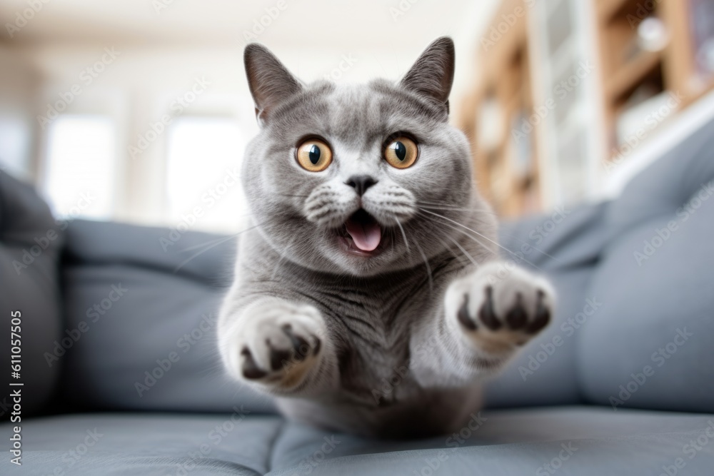 Medium shot portrait photography of a happy british shorthair cat running against a comfy sofa. With generative AI technology