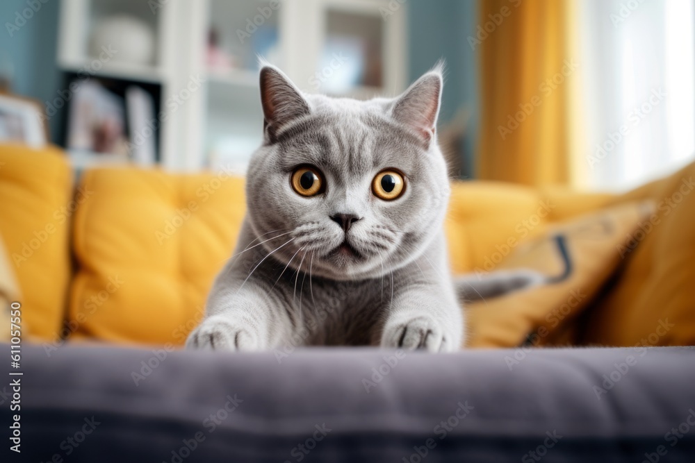 Lifestyle portrait photography of a curious british shorthair cat running against a comfy sofa. With generative AI technology