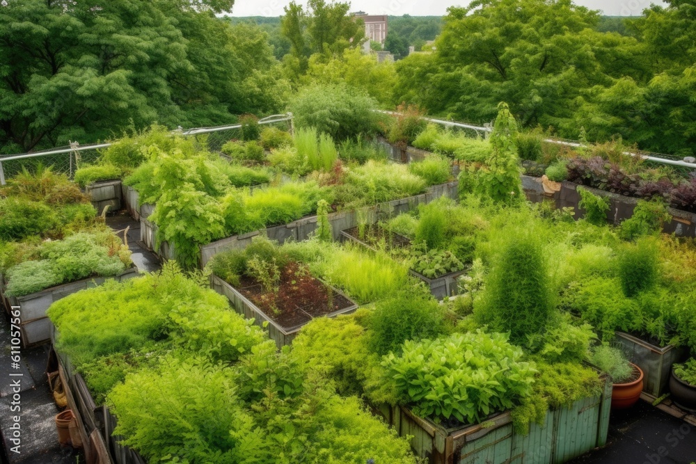 green rooftop garden with trees and plants growing in pots, created with generative ai green rooftop garden with trees and plants growing in pots, created with generative ai