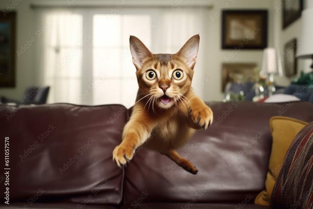 Medium shot portrait photography of a curious abyssinian cat pouncing against a comfy sofa. With generative AI technology