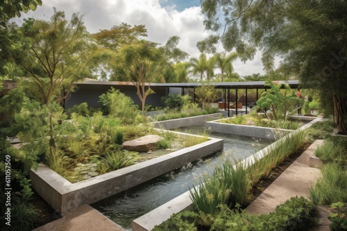 green roof with garden and water feature, creating peaceful oasis, created with generative ai