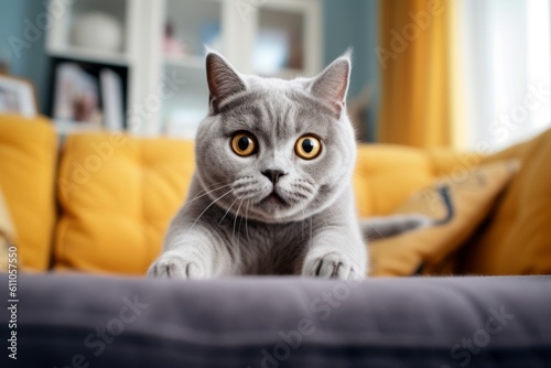 Lifestyle portrait photography of a curious british shorthair cat running against a comfy sofa. With generative AI technology