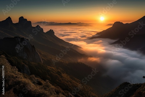 magnificent mountain range shrouded in mist, with the sun setting behind, created with generative ai © altitudevisual