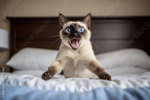 Medium shot portrait photography of a happy siamese cat jumping against an inviting bed. With generative AI technology