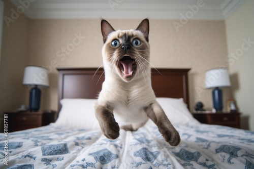 Medium shot portrait photography of a happy siamese cat jumping against an inviting bed. With generative AI technology