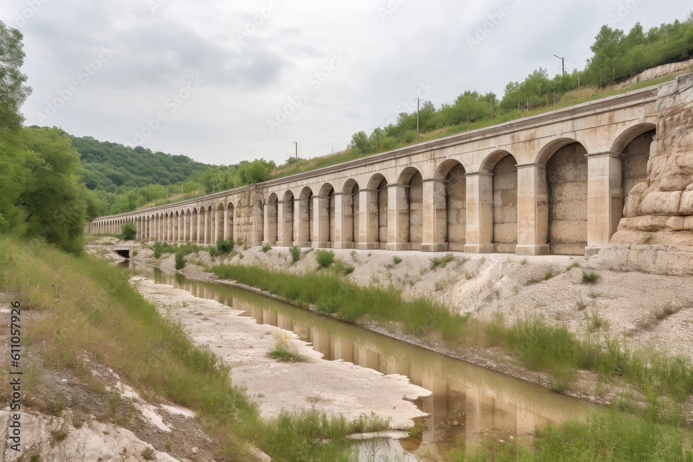 travertine aqueduct formed by natural process in the mountains, created with generative ai