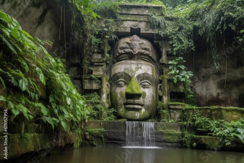majestic stone face, with waterfalls and greenery in the background, created with generative ai © altitudevisual