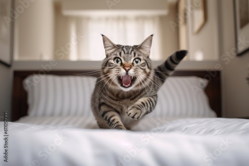 Environmental portrait photography of a smiling neva masquerade cat running against an inviting bed. With generative AI technology