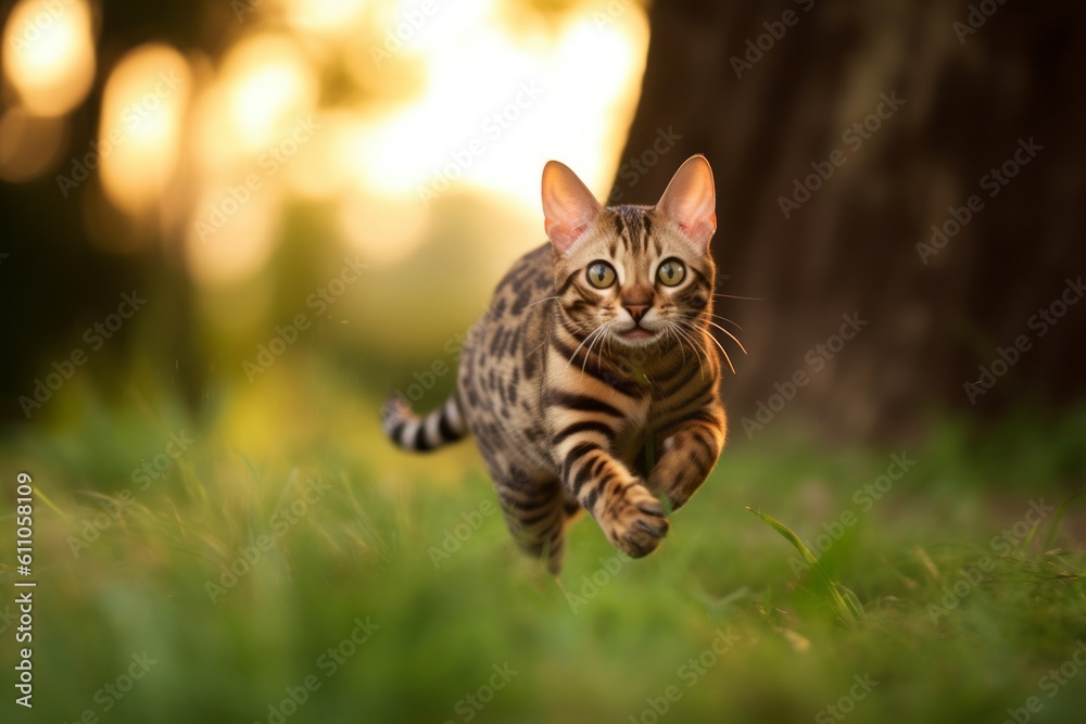 Medium shot portrait photography of a funny bengal cat running against a beautiful nature scene. With generative AI technology