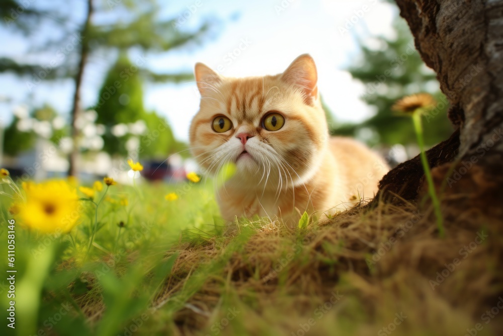 Group portrait photography of a cute exotic shorthair cat playing against a beautiful nature scene. With generative AI technology