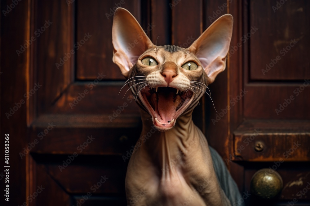 Medium shot portrait photography of a smiling peterbald cat corner rubbing against a vintage-looking door. With generative AI technology