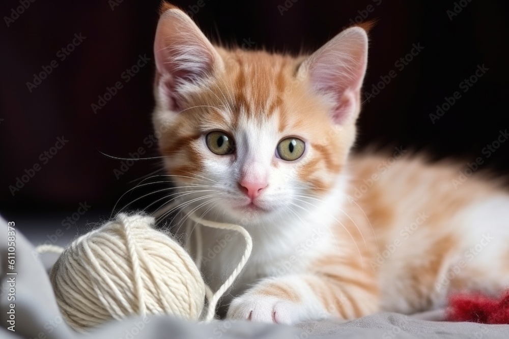 playful kitten and ball of yarn, playing with the string, created with generative ai