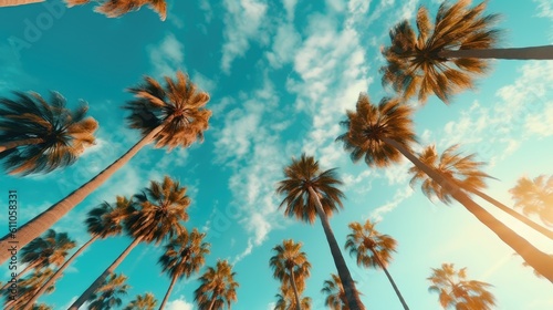 Low angle view of aquamarine sky palm trees, with blue sky and white cloud in the background. Created with Generative Ai Technology