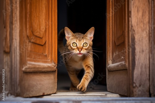 Medium shot portrait photography of a cute abyssinian cat hopping against a vintage-looking door. With generative AI technology