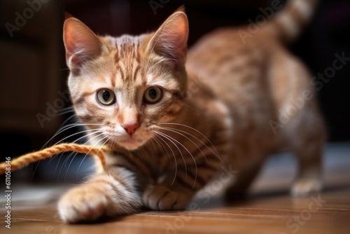 playful kitten chasing string in close-up, created with generative ai
