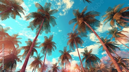 Low angle view of aquamarine sky palm trees  with blue sky and white cloud in the background. Created with Generative Ai Technology