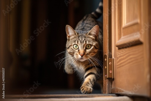 Lifestyle portrait photography of a curious tabby cat playing against a vintage-looking door. With generative AI technology