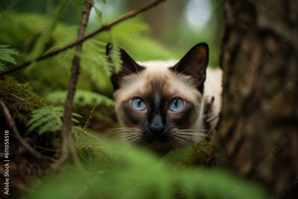 Medium shot portrait photography of a curious siamese cat wall climbing against an enchanting forest. With generative AI technology