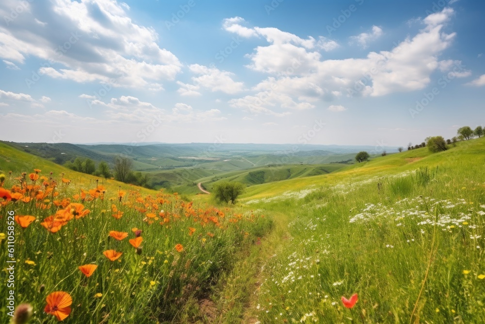 rolling countryside hills with blooming wildflowers of springtime, created with generative ai
