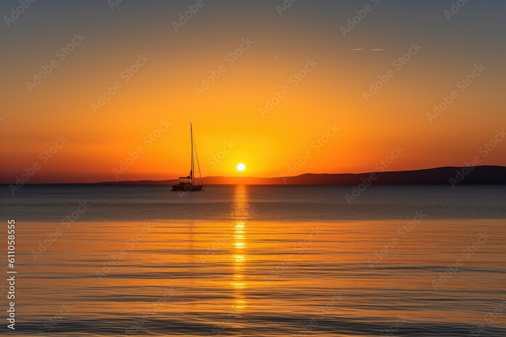 captivating sunrise over the sea, with sailboat and yacht in view, created with generative ai
