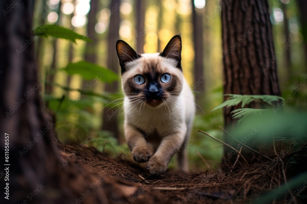 Lifestyle portrait photography of a funny siamese cat hopping against an enchanting forest. With generative AI technology